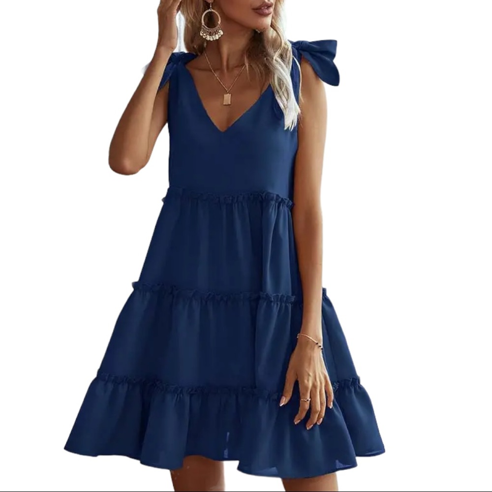 Navy shoulder tie ruffle layer dress